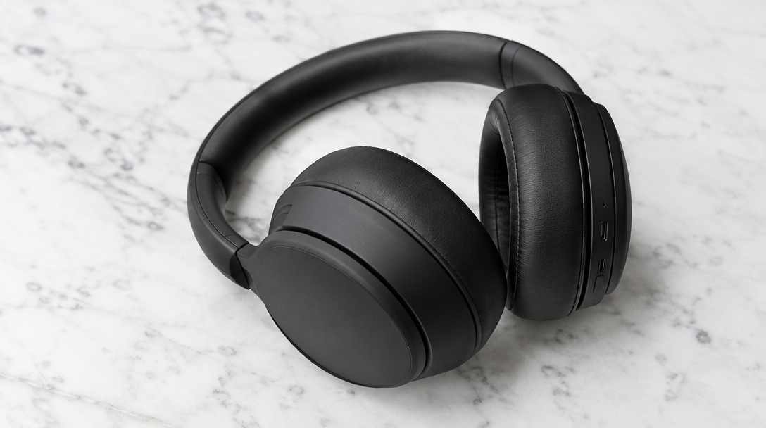 Black over-ear wireless headphones on white marble, the actual output of the two-node product shot workflow