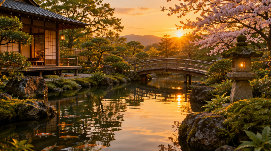 A Japanese garden at golden hour with a wooden bridge over a pond, the still the image node made before the video step ran