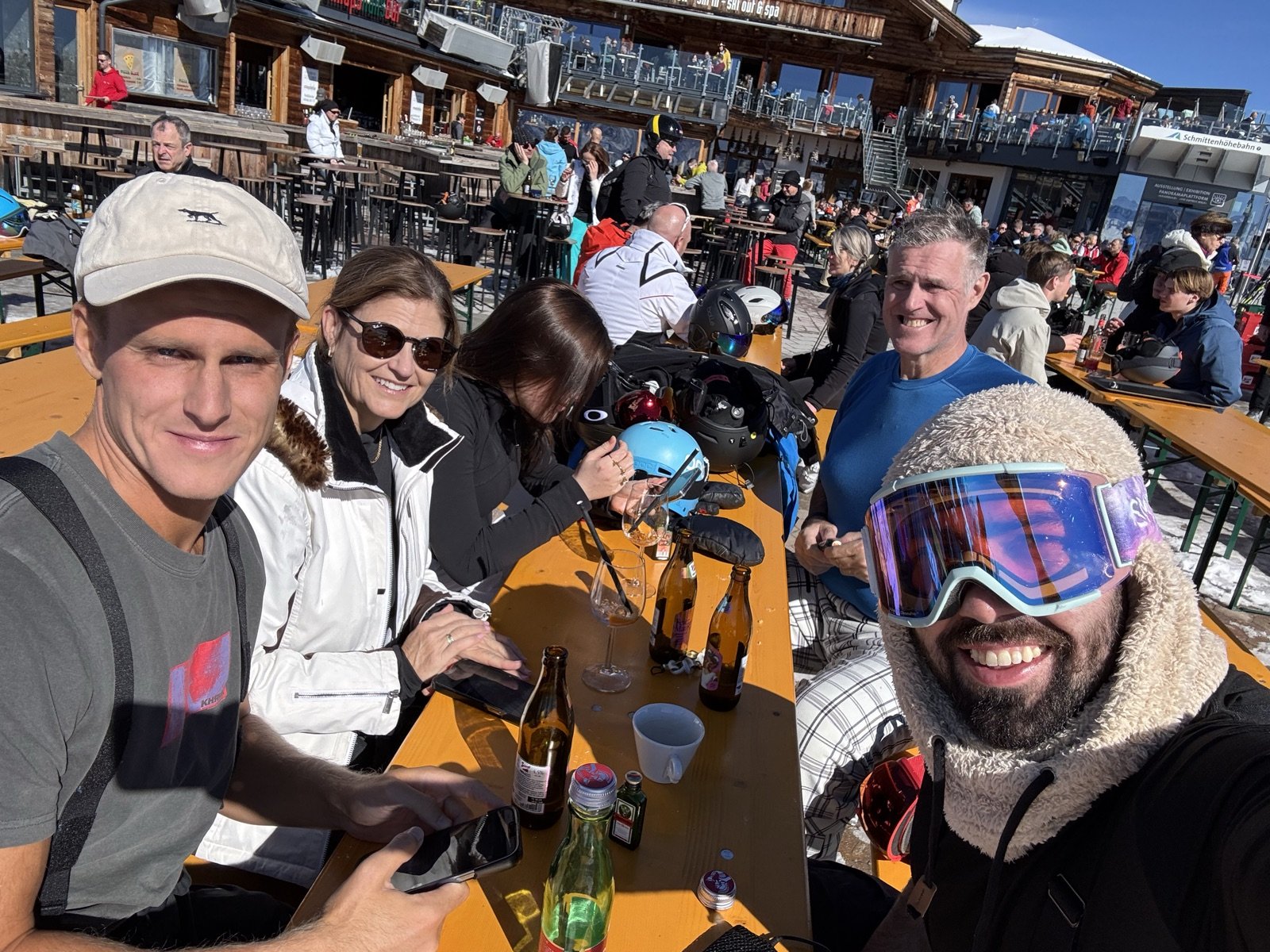 Lunch at a mountain hut with friends and family after a morning of runs